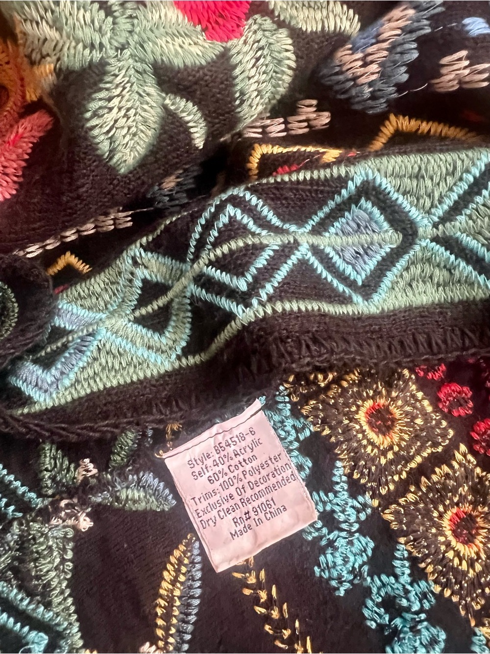 Johnny Was Nomad Embroidered Boho Duster Cardigan Sweater Black Multicolor Med - Picture 7 of 8